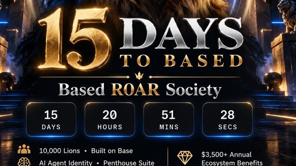 Crypto promotional graphic for 'Based ROAR Society' countdown showing 15 days, 20 hours, 51 mins, 28 secs until 'BASED', highlighting 10,000 Lions, AI Agent Identity, Penthouse Suite, and ecosystem benefits.