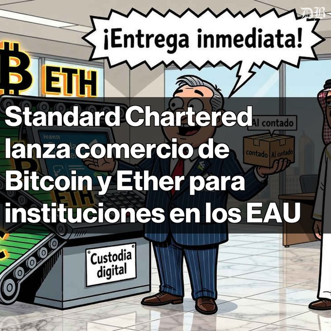 A Spanish-language crypto news cartoon showing a banker offering boxes labeled 'Al contado' near a 'Custodia digital' ATM with 'B ETH' signs, with text: 'Standard Chartered lanza comercio de Bitcoin y Ether para instituciones en los EAU'.