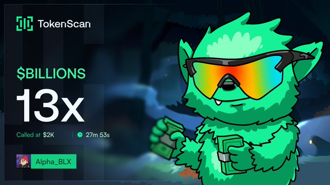 The image features a cartoon character, likely a green monster or a werewolf-like creature with big eyes and a large head, wearing sunglasses and holding money. The text above the image reads "$BILLIONS (SOL) early entry forming watch volume breakout loading Ca; FkDBwbJYJY2weRuhif5AV6VNtTgB56VgEKzguHoZpump". This suggests that there is a new game or project being developed, and the character in the image represents an early-entry player who has just joined the beta testing phase. The character's sunglasses also indicate that it might be related to a virtual reality or gaming experience.