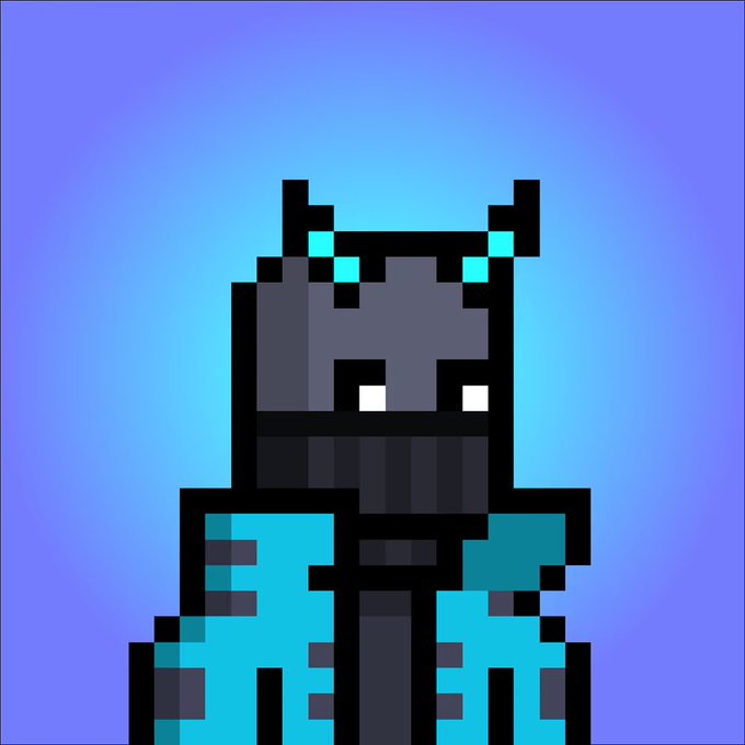 Pixel art character with horns and cyan accents standing against a blue gradient background.