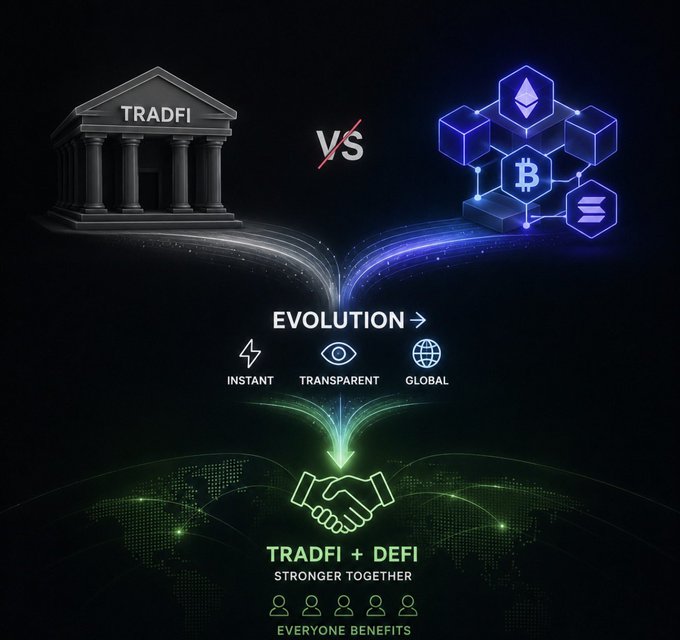The image depicts "TRADFI" (a classical bank building) vs. "DEFI" (represented by cryptocurrency symbols including Ethereum and Bitcoin), with streams flowing together into "EVOLUTION" featuring Instant, Transparent, and Global benefits, culminating in a handshake symbolizing "TRADFI + DEFI STRONGER TOGETHER, EVERYONE BENEFITS."

The image reinforces the post's message by visualizing crypto and traditional finance as complementary forces rather than competitors, showing how decentralized features like instant settlement, transparency, and global accessibility can merge with TradFi through evolution to benefit everyone.