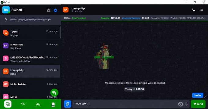 A 'BChat' messaging application interface showing conversation list, with 'Louis phillip' chat open displaying cryptocurrency balances (1096.84 BDX, 955.84) and a green character avatar.