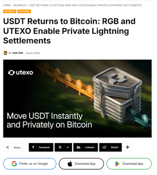 A web article from utexo.com titled 'USDT Returns to Bitcoin: RGB and UTEXO Enable Private Lightning Settlements' with an image of a Bitcoin stack and lock.