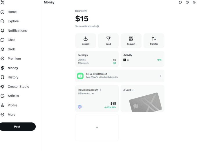A screenshot of the X Money dashboard showing a $15 balance with options to Deposit, Send, Request, and Transfer, plus an Individual account from @StevenAscher offering 4.00% APY and a promotional banner to earn 6% APY via direct deposits, illustrating the free $15 sign-up bonus and competitive APY rates mentioned in the post.