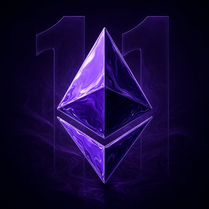 A glowing purple Ethereum logo (ETH) is centered against a dark background with faint smoke effects, commemorating the 11th anniversary of the Ethereum blockchain. The luminous geometric emblem symbolizes the platform's foundational role in the crypto ecosystem.