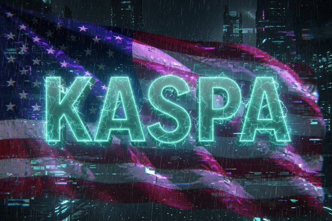 A digital promotional graphic features the word 'KASPA' in glowing teal neon letters with electric effects, set against an American flag and a dark, rainy cyberpunk cityscape.