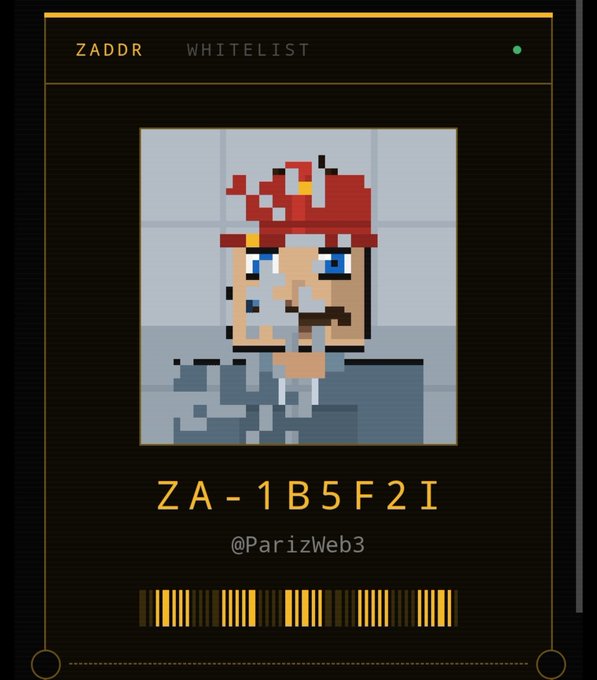 A digital display titled 'ZADDR WHITELIST' features a pixelated portrait of a man in a red hat, with the alphanumeric code 'ZA-1B5F2I' and the handle '@ParizWeb3' below it.