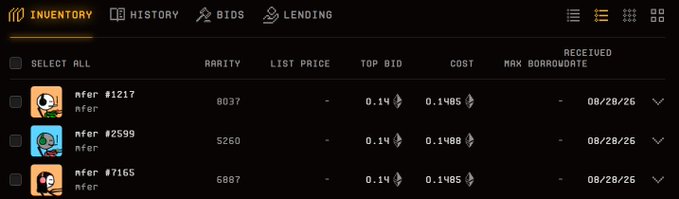 An inventory dashboard displays three 'mfer' NFT items (#1217, #2599, #7165) with rarities of 8037, 5260, and 6887, each with a cost of approximately 0.14 ETH and received date of 08/28/26.