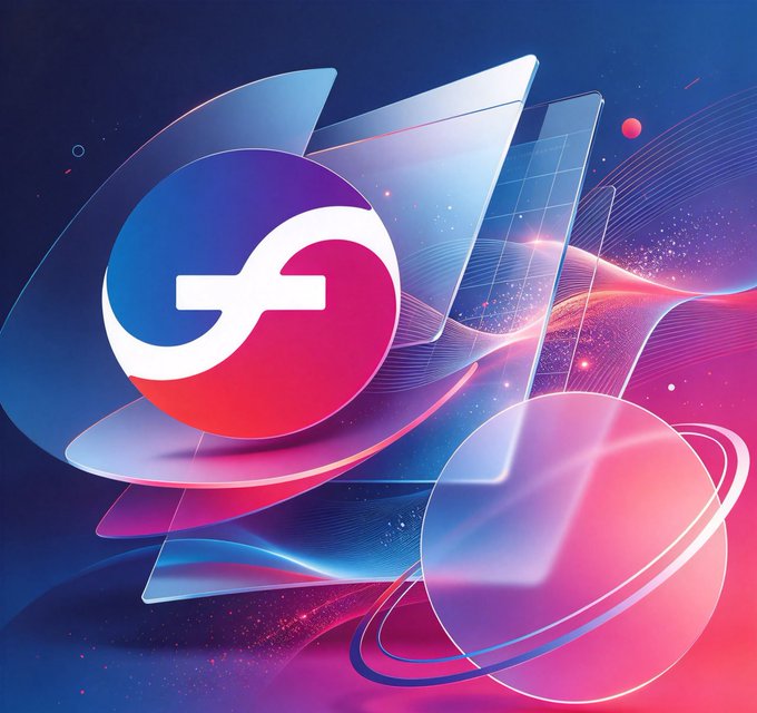 A stylized digital artwork displays a circular emblem with a white figure-eight or infinity-like symbol on a red and blue background, surrounded by abstract glass shapes.