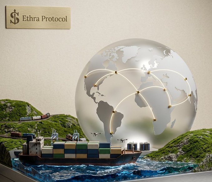 A promotional image for "$ Ethra Protocol" featuring a logo plaque in the top left corner, and a diorama-style scene below showing a cargo ship loaded with containers, a train, and drones traveling between continents on a frosted glass globe.