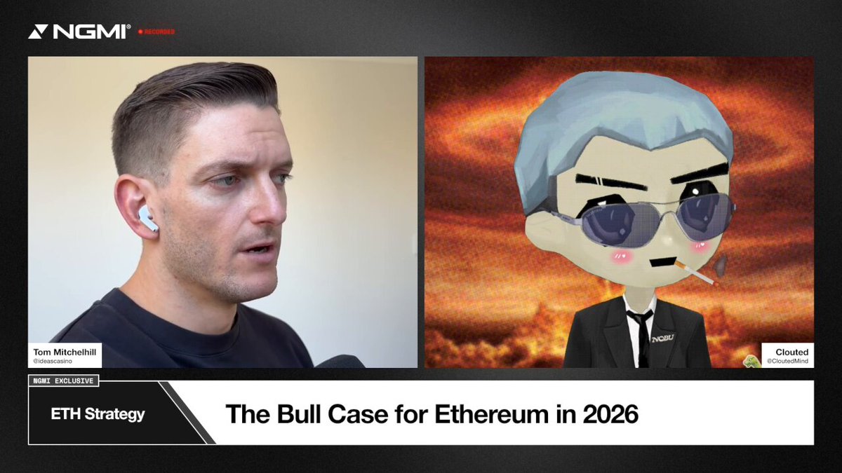 The image shows a man wearing sunglasses talking into a microphone while another cartoon character with glasses appears on the screen behind him. The text on the screen reads "At times like this - when markets are down, emotions are high, doubts are at max, it helps to listen to people that get it." This message is related to the post about cryptocurrency and the bull case for etherium in 2016.