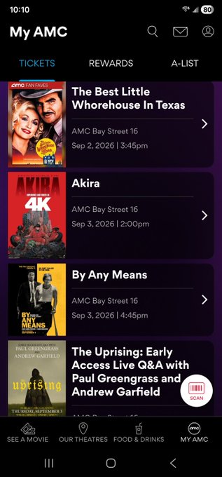 A screenshot of the AMC mobile app showing the 'My AMC' tickets tab with bookings for 'The Best Little Whorehouse In Texas' (Sep 2), 'Akira' in 4K (Sep 3), 'By Any Means' (Sep 3), and a Paul Greengrass Q&A event.