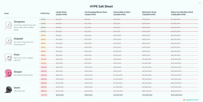A 'HYPE Salt Sheet' chart from hyperburn.fun shows HYPE prices at various levels (Smugness, Disbelief, Panic, Despair, Doom) alongside corresponding Lambo, Life Changing Money, Goose Mate, Retirement, and Retire Your Bloodline stack prices.
