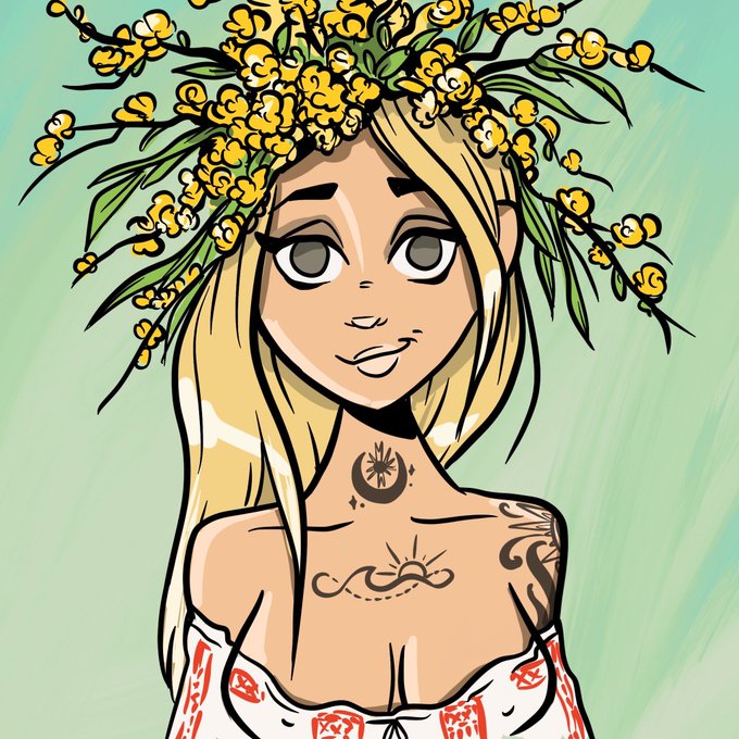 An illustration of a blonde woman wearing a yellow flower crown and a white top with red patterns, featuring tattoos on her chest and arm.