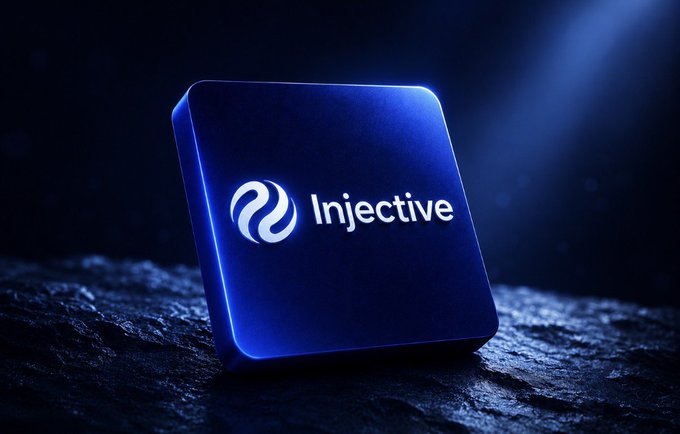 A glowing blue cube displaying the Injective logo on a dark rocky surface.
