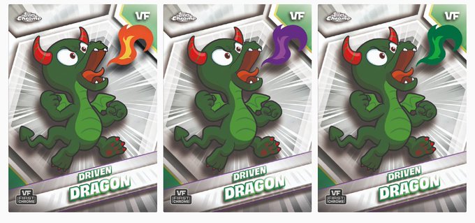 The image features three different versions of a green dragon character, each with unique color variations. The first dragon has a purple horn, the second one has a red horn, and the third one has an orange horn. These variations are represented by the text "Driven Dragon" in the bottom left corner of the image.