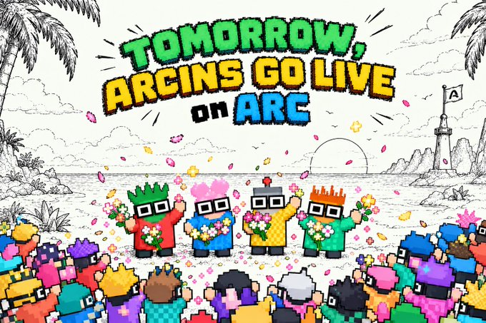 A vibrant pixel-art scene shows four ARCINS characters—each wearing a different colored crown and glasses—holding flowers on a tropical beach, with the bold text "TOMORROW, ARCINS GO LIVE on ARC" displayed above. The image visually celebrates the upcoming launch of ARCINS on the Arc blockchain, matching the post's announcement of bringing the tiny sprites to life for community members.