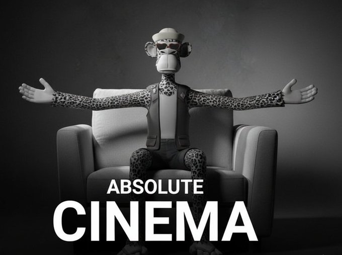 A black and white promotional image featuring a chimpanzee dressed in a cheetah-print vest and military-style cap with goggles, sitting on a chair with arms outstretched above the text 'ABSOLUTE CINEMA'.