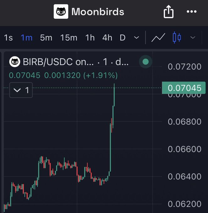 A candlestick chart of Moonbirds (BIRB/USDC) showing a sudden sharp price spike upward to 0.07045 (+1.91%) on the 1-minute timeframe.