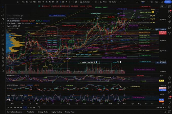 A heavily annotated TradingView cryptocurrency chart showing BTC/USD 1-hour candle data with numerous technical analysis indicators, Fibonacci levels, and notes including 'WE ARE ON BACK 2,' 'Bull Trap,' and 'Support.'