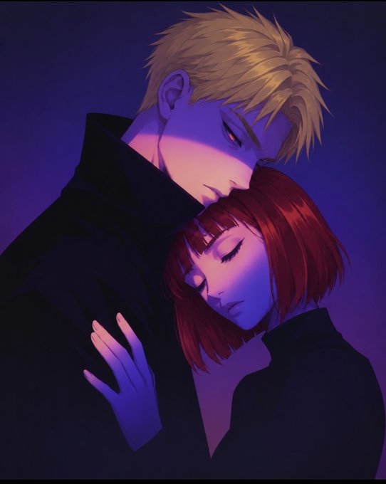 Anime-style illustration of a blonde man and red-haired woman in an intimate embrace against a dark purple background.