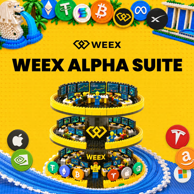 Promotional image for WEEX Alpha Suite at TOKEN2049 Singapore, featuring a LEGO-style multi-tiered trading hub surrounded by cryptocurrency logos (BTC, ETH, SOL, etc.), tech icons (Apple, NVIDIA, Amazon, Microsoft), and a Singapore Merlion landmark, with bold text "WEEEX ALPHA SUITE" announcing their Platinum Sponsor presence at Level 3, Marina Bay Sands.