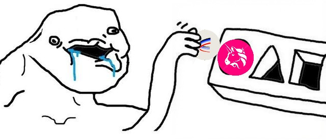 A crying wojak meme character throws a UniSwap token into a tray alongside a Uniswap logo, a triangle, and a square.