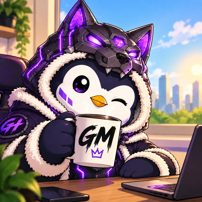 A stylized penguin character in futuristic purple and black armor holds a mug reading "GM" with a small crown beneath it, seated at a desk with a laptop, embodying the post's "Good morning future millionaires" message.
