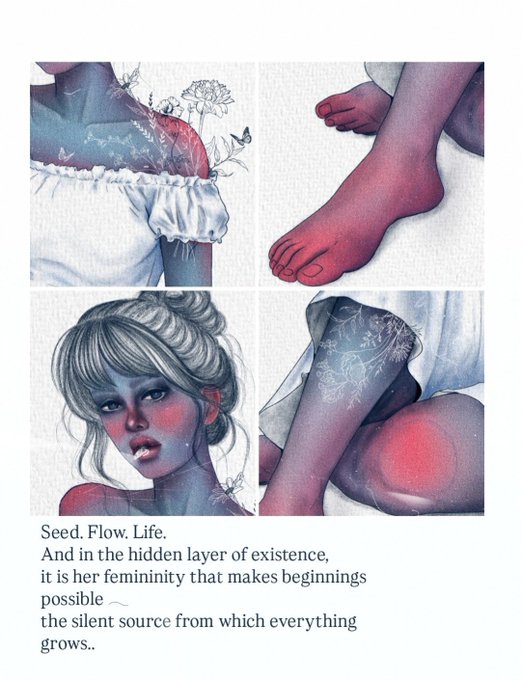 An artistic collage featuring four illustrated panels with floral motifs and a stylized female figure, accompanied by the text: 'Seed. Flow. Life. And in the hidden layer of existence, it is her femininity that makes beginnings possible — the silent source from which everything grows.'