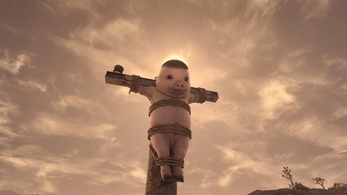 A surreal image of a pig figure with a human-like face tied with rope to a wooden cross against a sepia-toned cloudy sky with the sun behind its head, resembling religious crucifixion imagery.