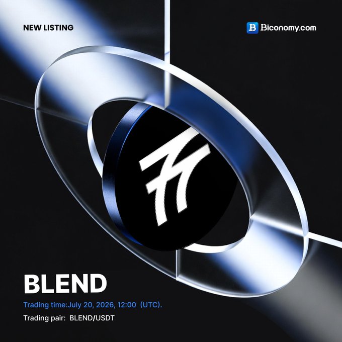 A promotional graphic for a new cryptocurrency listing on Biconomy.com, featuring the BLEND token with trading time July 20, 2026, 12:00 (UTC) and trading pair BLEND/USDT.