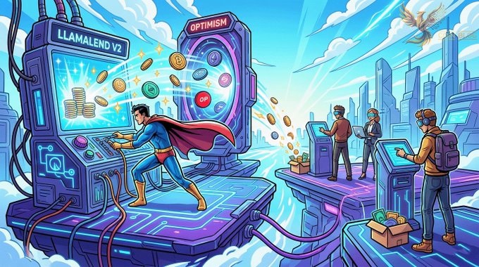 The image features an illustration of a man dressed as Superman, holding a gun and standing atop a building with other people around him. The scene takes place in front of a futuristic cityscape filled with buildings and skyscrapers. The caption for this image reads "@CurveFinance Launches Llamalend V2 on Optimism Curve Finance has deployed its upgraded lending engine on Optimism, serving as a staging ground before hitting Ethereum mainnet in late 2026".