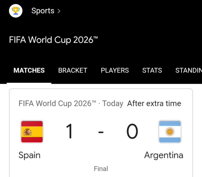 A Google search result showing the FIFA World Cup 2026 Final result: Spain defeated Argentina 1-0 after extra time. The image relates to the post celebrating Spain's victory over Argentina, highlighting the final score that the poster referenced.