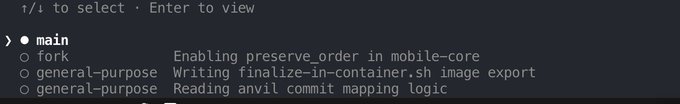 Git branch selector showing 'main' selected with 'fork' and 'general-purpose' branches visible, listing commits including 'Enabling preserve_order in mobile-core,' 'Writing finalize-in-container.sh image export,' and 'Reading avil commit mapping logic.'