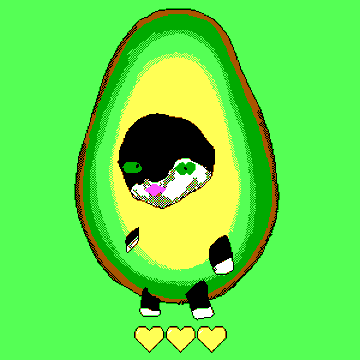 A pixel-art avocado character with a black hood, pink heart eyes, and black shoes stands against a green background, with three yellow hearts displayed below it. The image appears to be NFT artwork from the Meo collection on OpenSea, matching the avocado emoji theme (🥑) used in the promotional post.