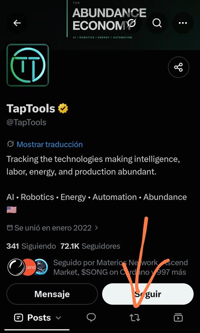 A X/Twitter profile for TapTools (@TapTools) describing themselves as tracking 'technologies making intelligence, labor, energy, and production abundant,' with an orange arrow pointing toward the follow button.