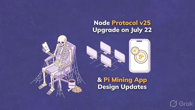 A skeleton sits in a chair holding a phone, symbolizing Pioneer frustration, alongside graphics announcing "Node Protocol v25 Upgrade on July 22" and "& Pi Mining App Design Updates," with a Grok watermark. The image visually reinforces the post's sarcastic complaint that the Pi Network has remained silent about the protocol upgrade, leaving the community waiting endlessly for official word.
