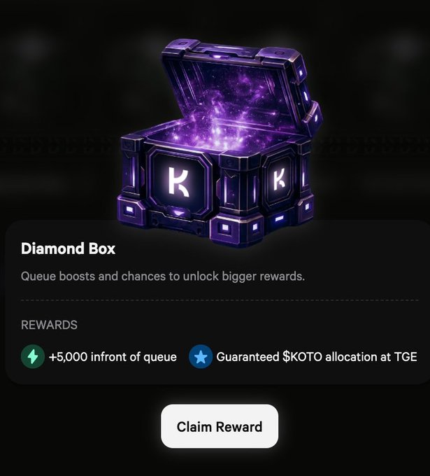 Mobile app screenshot showing a glowing purple 'Diamond Box' reward chest with a 'K' logo, offering rewards of +5,000 in front of queue and a guaranteed $KOTO allocation at TGE, with a 'Claim Reward' button.