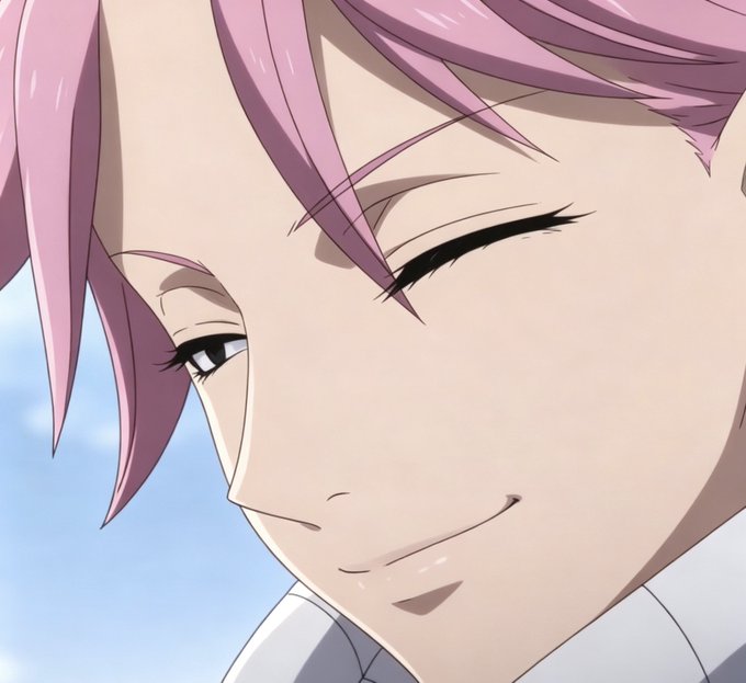 A close-up anime-style illustration of a smiling character with pink hair, showing one closed eye winking and one open eye looking downward against a sky background.