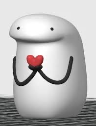 A 3D-rendered, pill-like white character with simple black line features holding a red heart against its chest.