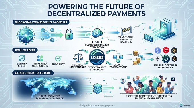 Infographic titled 'POWERING THE FUTURE OF DECENTRALIZED PAYMENTS' illustrating the role of USDD as a decentralized stablecoin across multi-blockchain ecosystems.