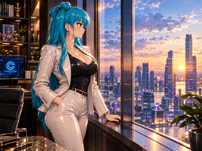 Anime-style illustration of a blue-haired woman in a white suit standing by a large window overlooking a city skyline at sunset, with a 'CAPELLA CORP' monitor on the left.
