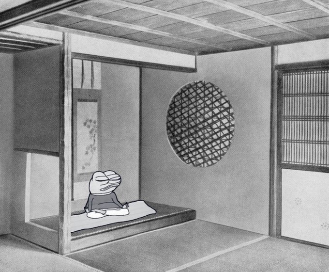 A black-and-white pencil illustration in a traditional Japanese style showing a small cartoonish figure meditating in a minimalist tatami room with a circular latticed window.