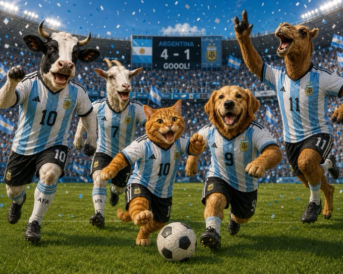 The image features a group of five animals - two dogs and three cats - dressed up as soccer players from Argentina. They are all running towards a soccer ball, which is located at the center of the scene. The background shows an empty stadium with a scoreboard visible in the distance. The caption to the image reads: "Good Morning GM Happy Friday, have a world cup day Let' s study @NomismaNetwork @useTria @River4fun @TheARCTERMINAL My fav team your?".