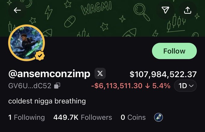 The screenshot shows the profile of "@ansemconzimp" with "$107,984,522.37" in holdings, which is down "$6,113,511.30" in the last 24 hours. This aligns with the post's description of substantial losses in memecoin holdings.