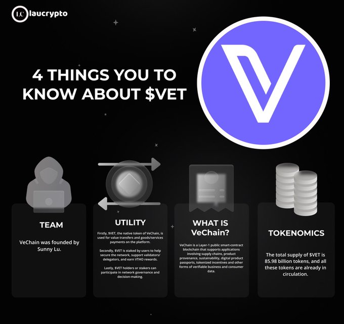 An infographic titled '4 THINGS YOU TO KNOW ABOUT $VET' by laucrypto details VeChain's team, utility, description, and tokenomics with the VET logo.