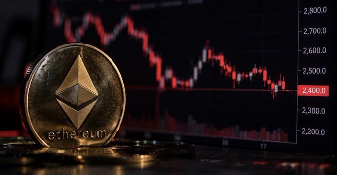 An Ethereum coin marked “ethereum” sits in front of a candlestick chart showing ETH near the highlighted $2,400 level, alongside price ticks from $2,200.0 to $2,800.0. The image visually reinforces the post’s point that heavy institutional ETF outflows of $1.08 billion are meeting strong buying support around $2,400.