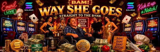 A vibrant promotional banner for the cryptocurrency "$WSG" (Way She Goes) on the Solana blockchain, featuring slot machines, money bags, and signs reading "BAM! WAY SHE GOES - STRAIGHT TO THE BANK" and "Kick it up a Notch," with casino-themed imagery and the Solana logo tying into the post's excitement about the token's launch and growing momentum.