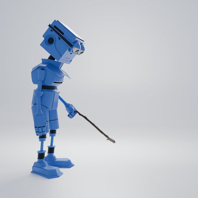 A 3D render of a blue blocky robot character with binoculars for eyes, holding a wooden stick, standing against a plain white background.