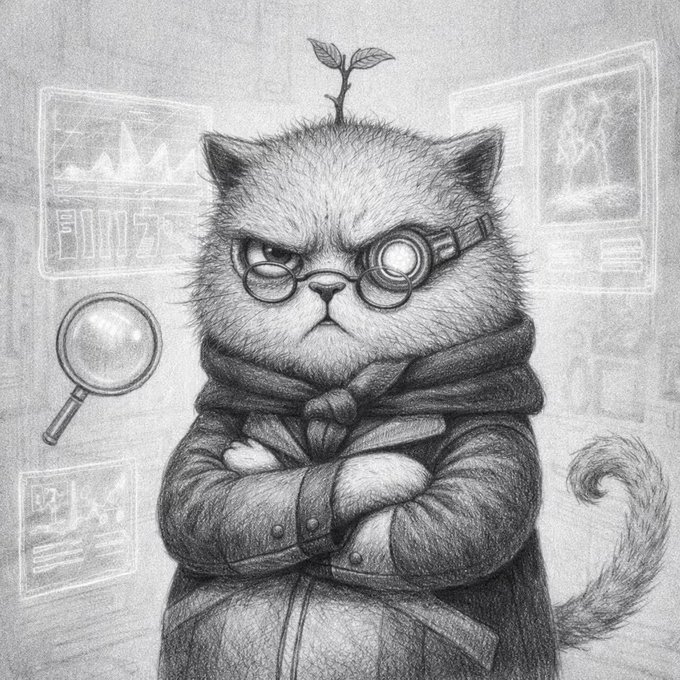 A detailed pencil sketch of a stern-looking cat wearing glasses, a scarf, and a coat with a small plant sprouting from its head, standing with crossed arms in front of faintly drawn charts and a magnifying glass.